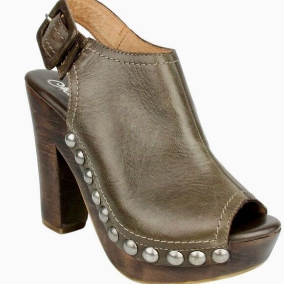 Brown Leather Studded High Heel Clogs Shoes NEW - Picture 2 of 5